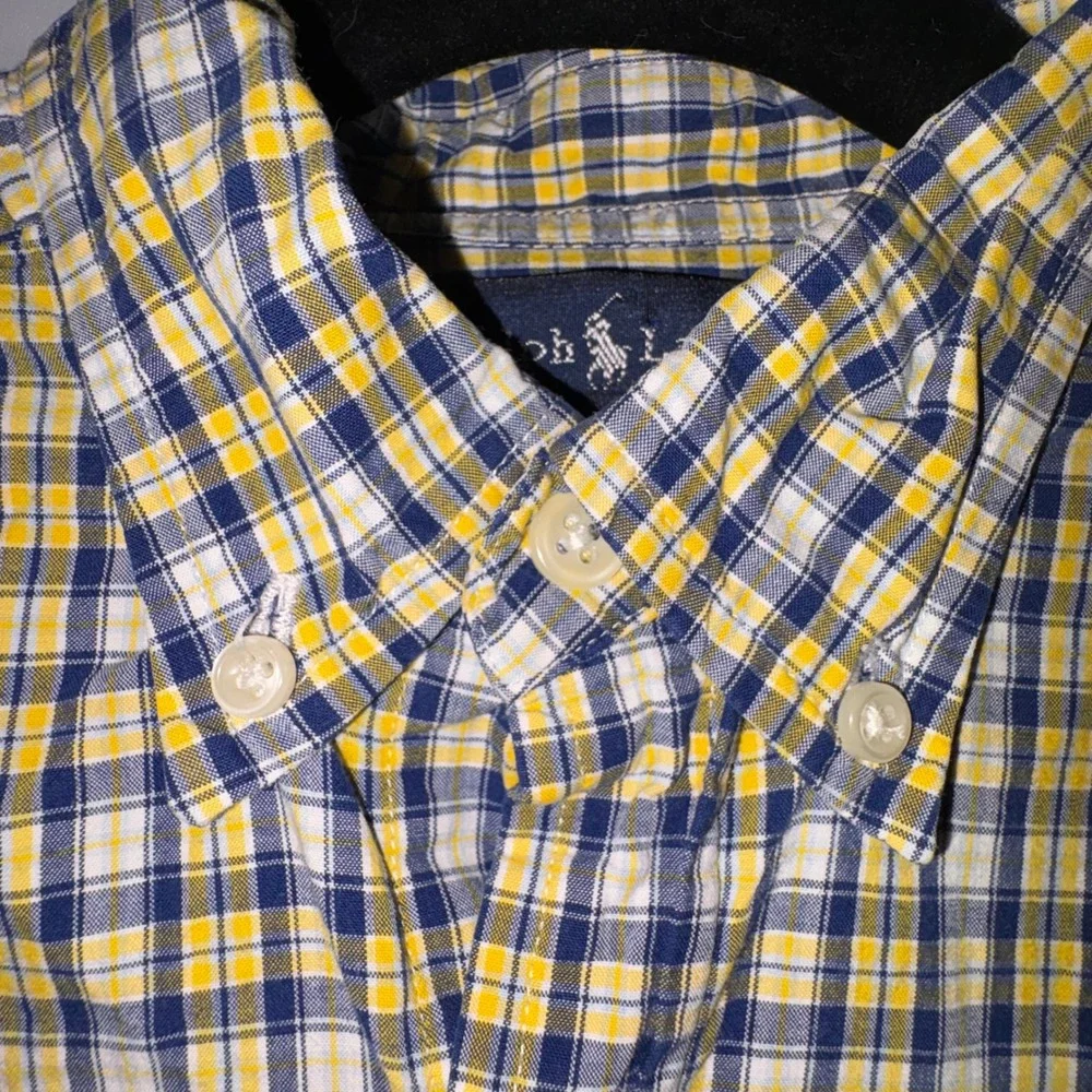 Ralph Lauren Boys M 12-14 Plaid Button Down Shirt Yellow Navy Blue Cotton Pony